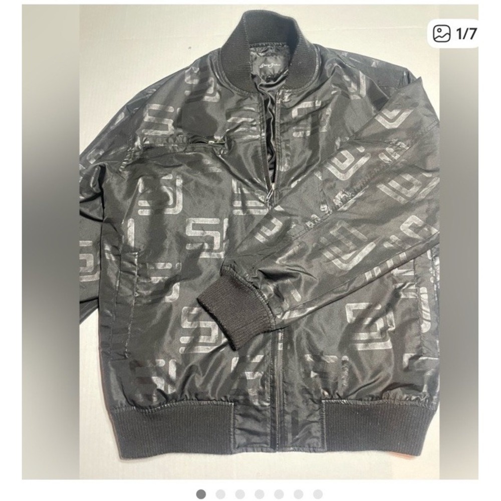 Sean Johnson Black Monogram Bomber Jacket XL – Vintage‎ Style Zip-Up Windbreaker